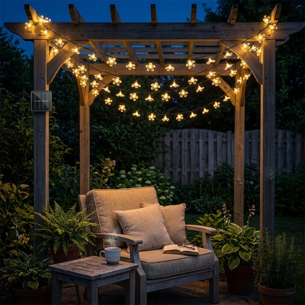 Solar Flower String Lights - Peach Blossom LEDs